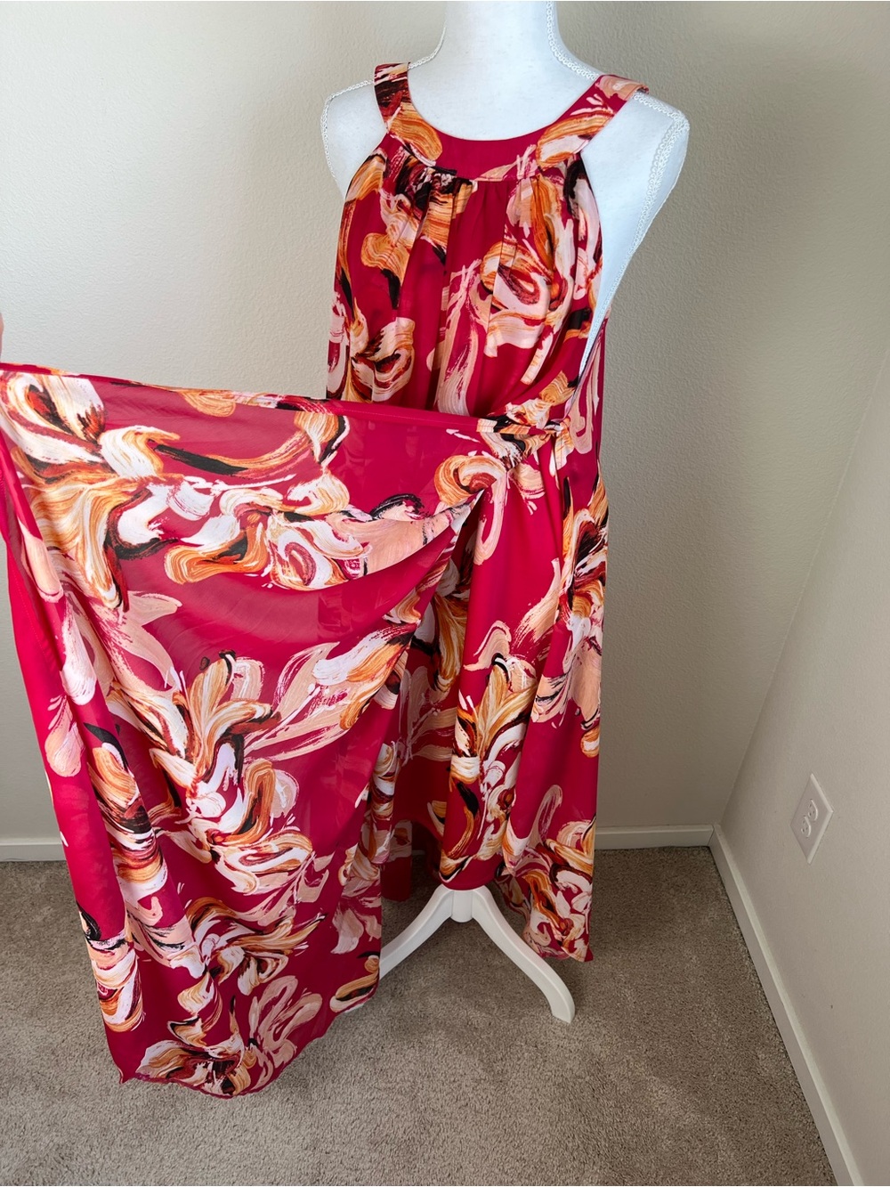 Avenue Plus Size 26/28 Asymmetrical Overlay Maxi Dress Pink Abstract Artsy 5X - Picture 5 of 8